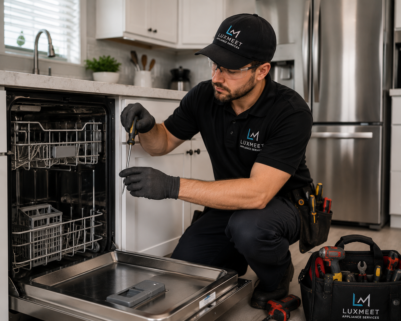 Appliance repair technician fixing dishwasher