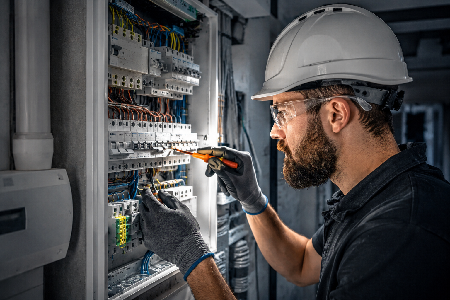 Electrician working on electrical panel