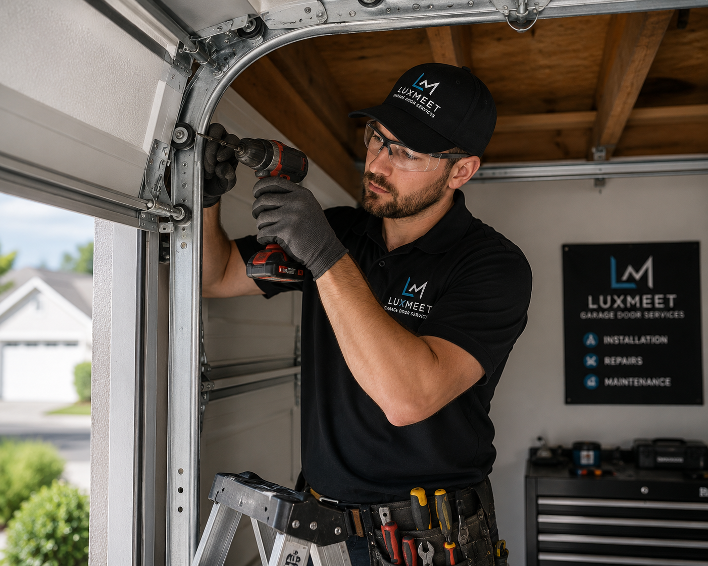 Garage door repair technician installing spring