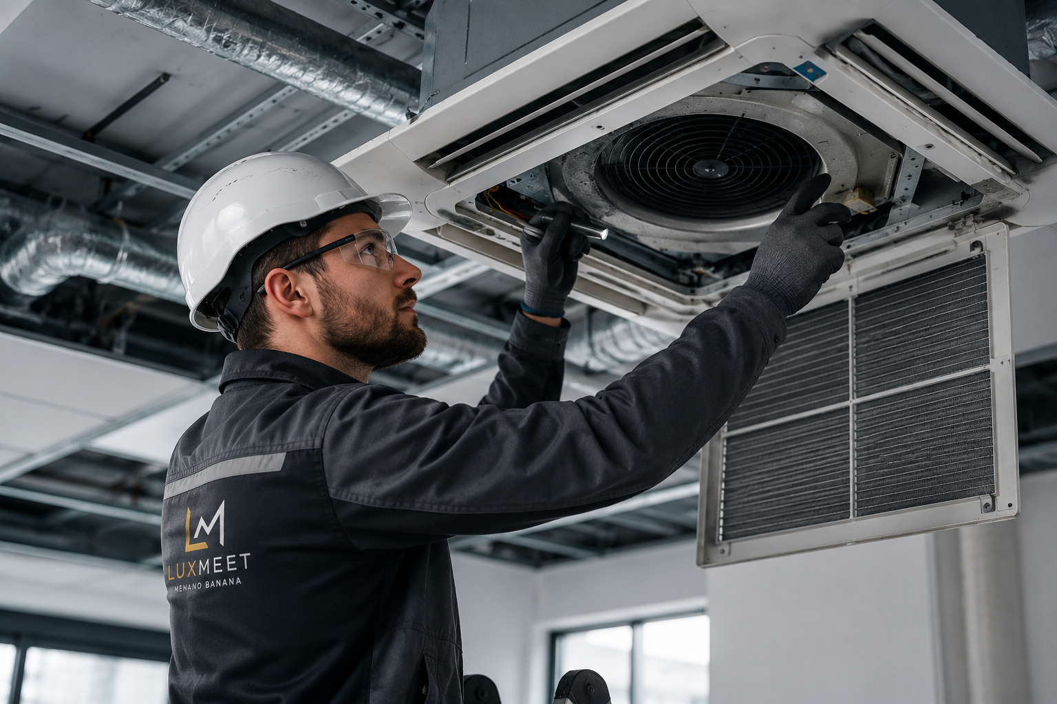 HVAC technician servicing air conditioning unit