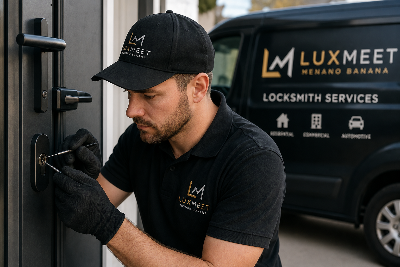 Locksmith installing door lock