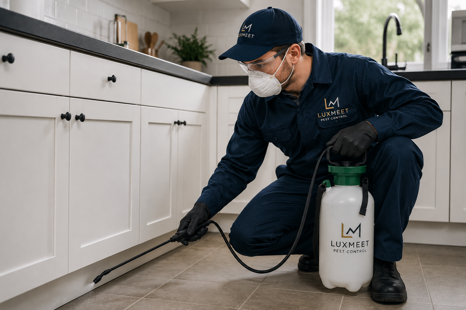 Pest control technician in uniform spraying treatment