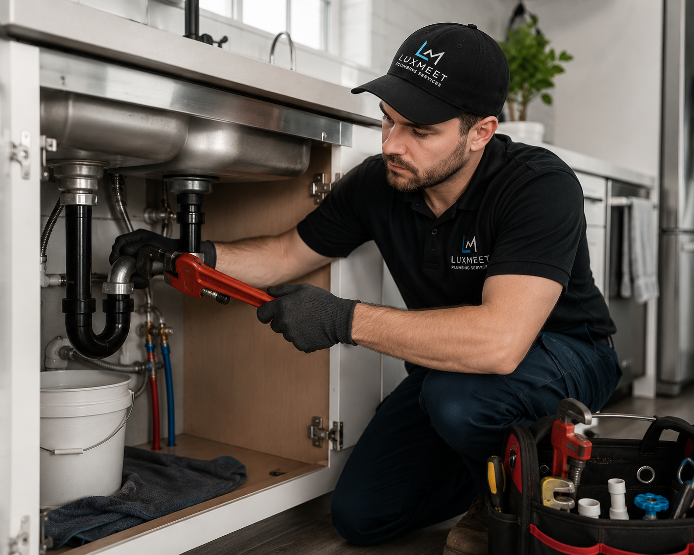 Professional plumber working under a sink
