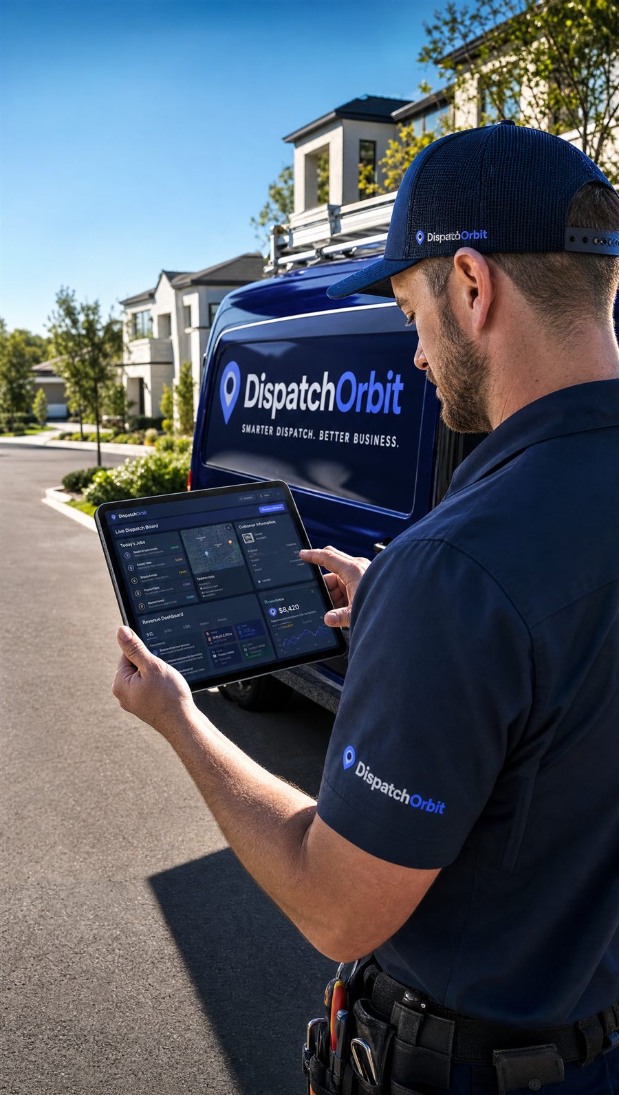 Technician using Dispatchorbit on a tablet next to a branded service van