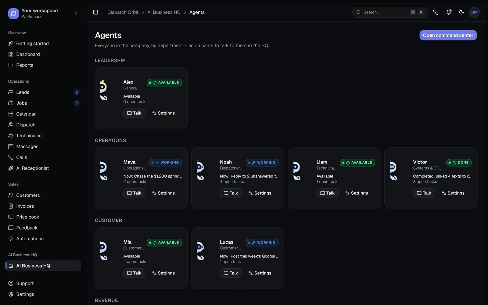 AI Business HQ agents page listing the AI team members and their roles