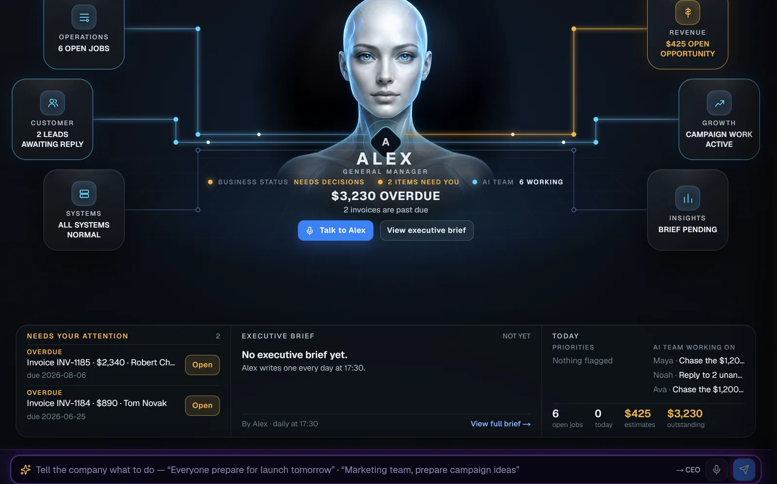 DispatchOrbit AI Business HQ command center with Alex, the AI general manager, and the department status