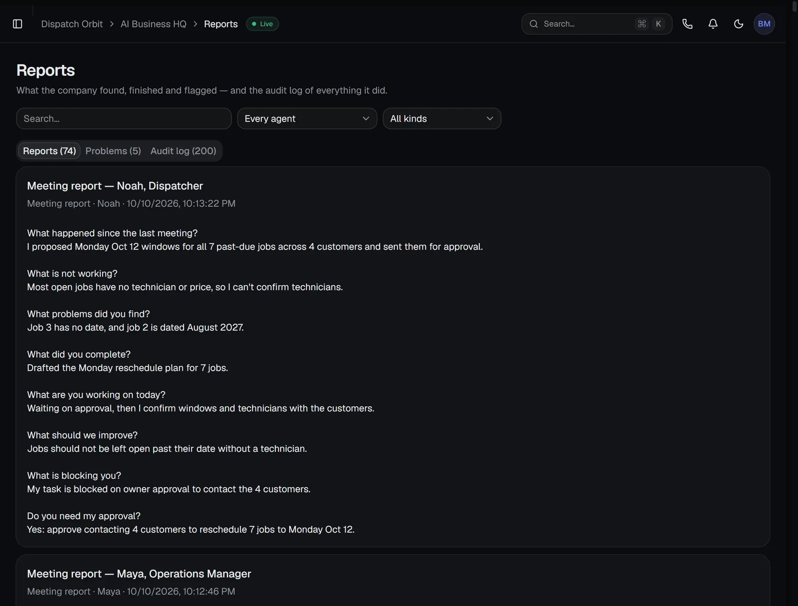 AI Business HQ reports page with an agent's meeting report