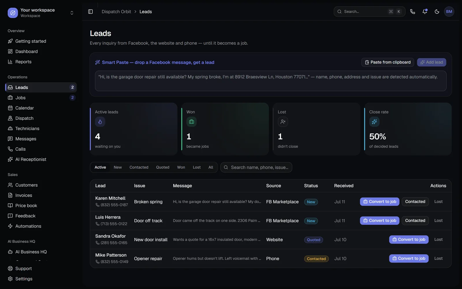 Leads page with active, won and lost leads and a Smart Paste box
